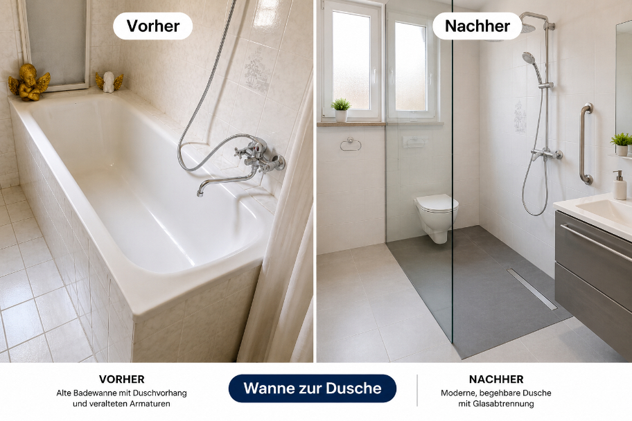 Vorher-Nachher-Vergleich: Umbau einer Badewanne zur bodengleichen Dusche mit Glasabtrennung in einem hellen, weiß gefliesten Badezimmer